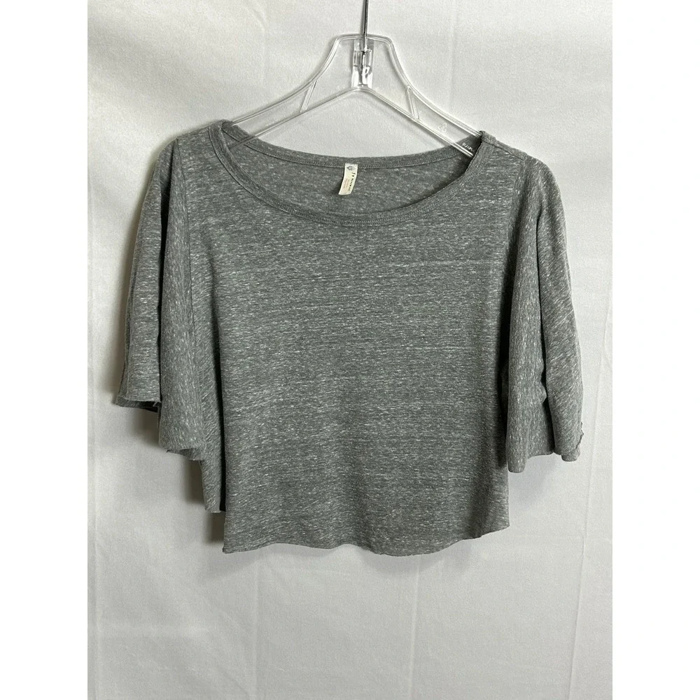 FP Movement Free People Gray Flutter Sleeve Crop Top Large Scoop Neck Boxy Tee - Picture 2 of 9